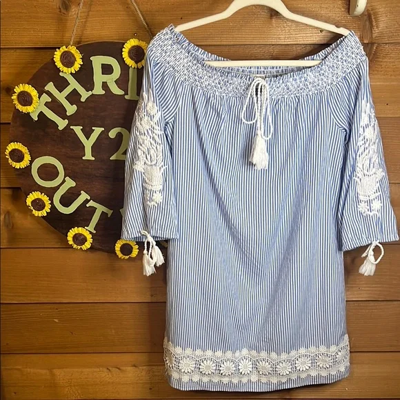 crown & ivy | Dresses | Crown And Ivy Stripe Off Shoulder Cotton Embroidered  34 Sleeve Tassel Dress M | Poshmark